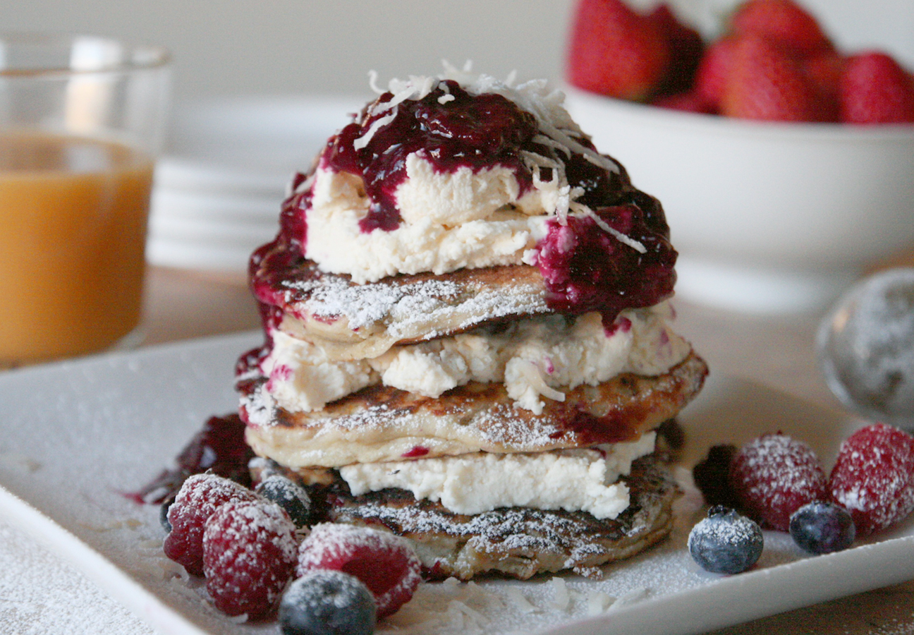 LEMON COCONUT PANCAKES WITH BERRY COMPOTE AND MASCARPONE CREAM